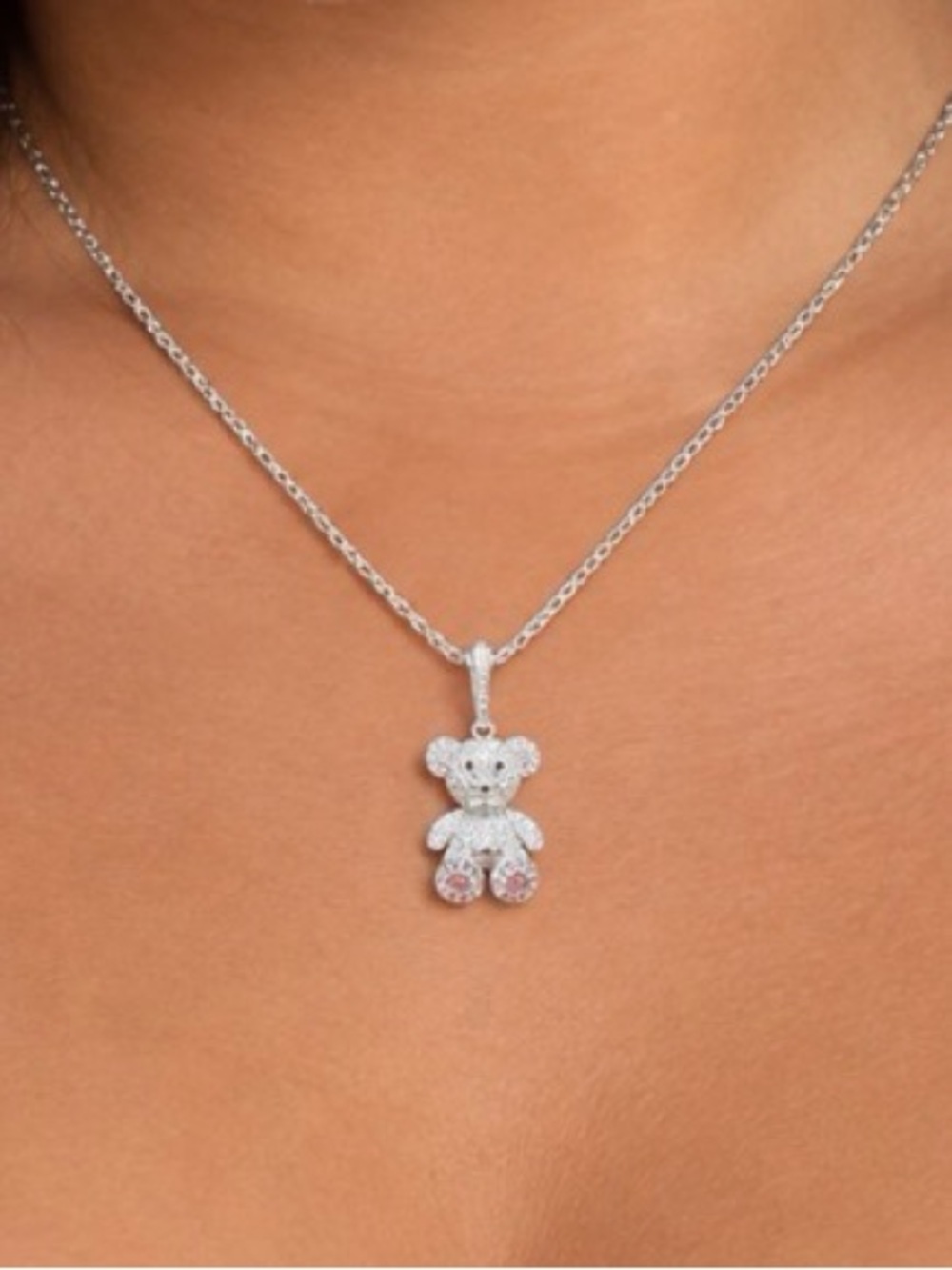 Sterling Silver Teddy Bear Pendant Necklace - moissanite